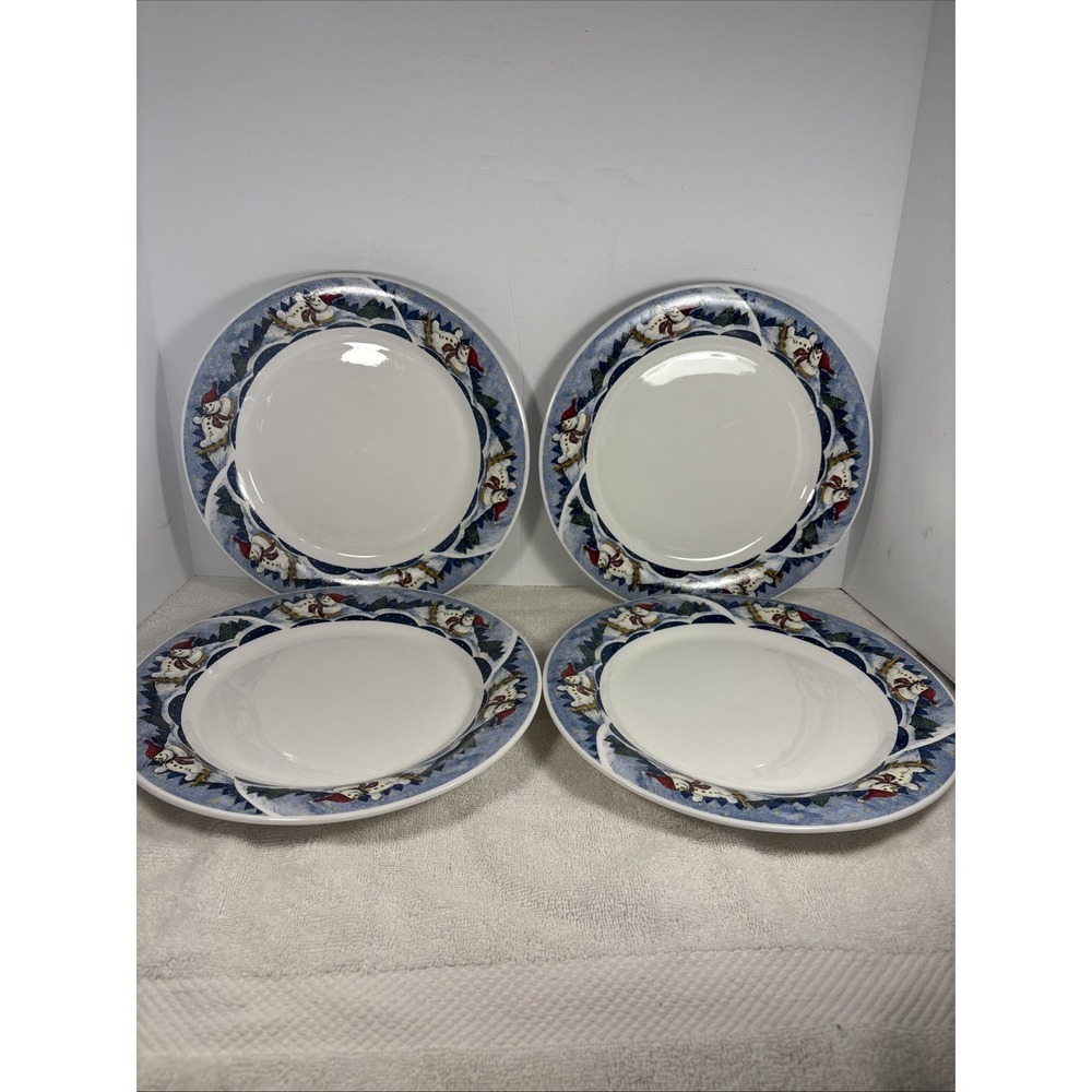 Lot Of 4 Dinner Plate Snow Valley by ONEIDA Blue Theme Snowman Width 10 1/4 in